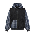 Washed Distressed Color Block Plaid Zip-Up Hooded Sweatshirt Unisex Casual