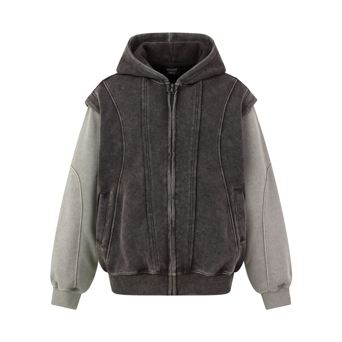 Washed Distressed Deconstructed Color Block Zip Front Hooded Loose Fit Fake Two-Piece Spliced Men's Jacket