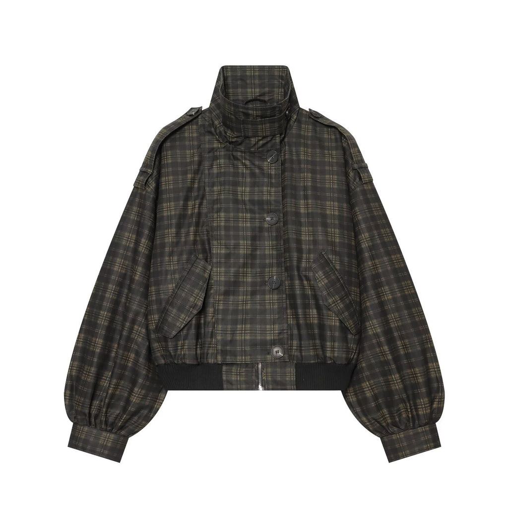 Women's long sleeved standing collar checkered pilot jacket