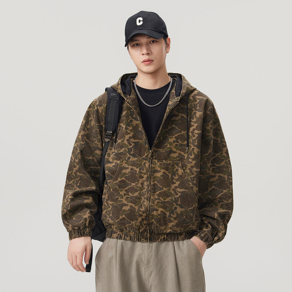 Men's Vintage Camo Hooded Jacket Loose Fit Cotton Workwear Coat with Kangaroo Pocket