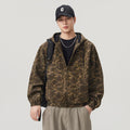 Men's Vintage Camo Hooded Jacket Loose Fit Cotton Workwear Coat with Kangaroo Pocket