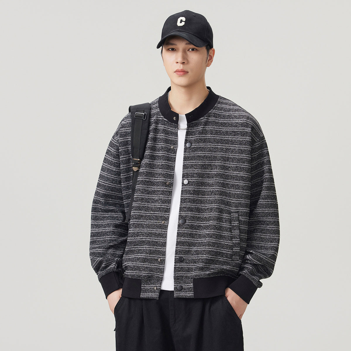 Casual Striped Baseball Collar Open Front Loose Sweatshirt Jacket