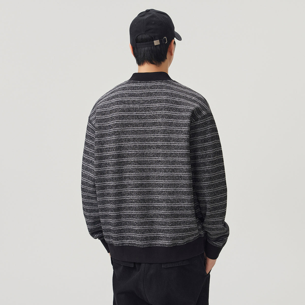 Casual Striped Baseball Collar Open Front Loose Sweatshirt Jacket