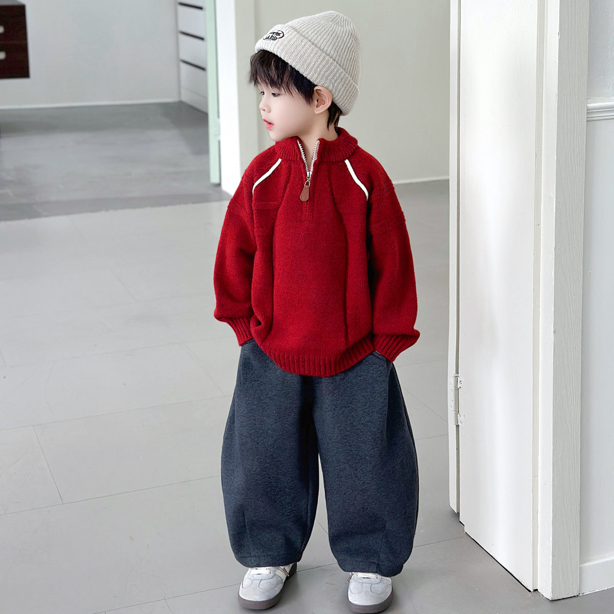 Boys Half Zip Knit Sweater Autumn Winter Fashionable Trendy Top