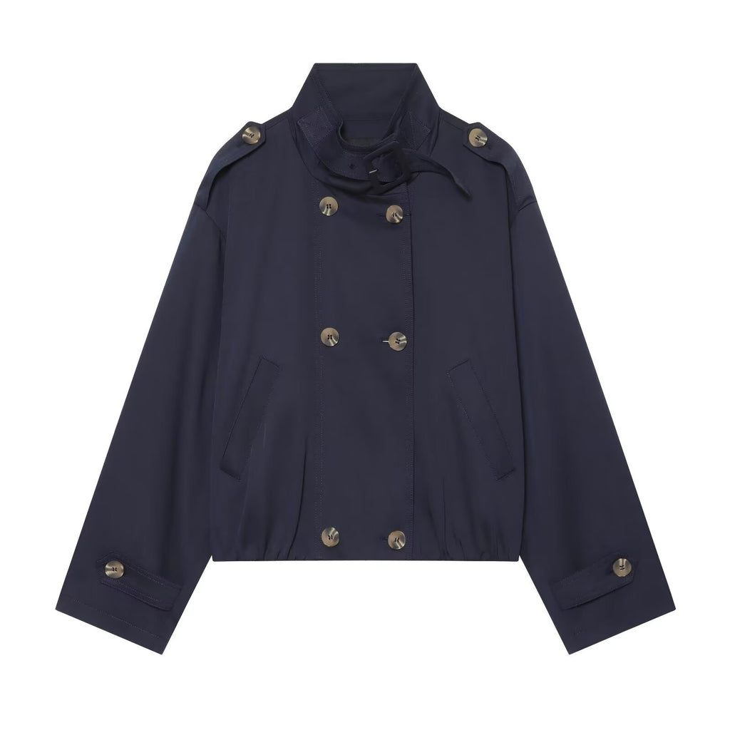 Loose double breasted shoulder strap stand up collar trench coat for women