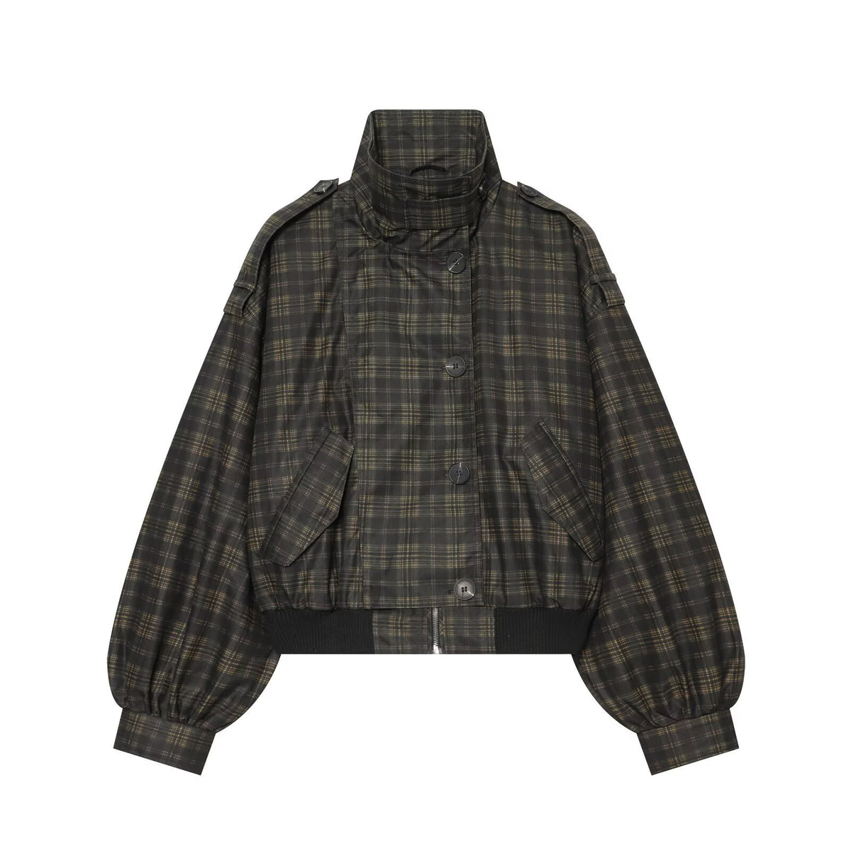 Women's long sleeved standing collar checkered pilot jacket