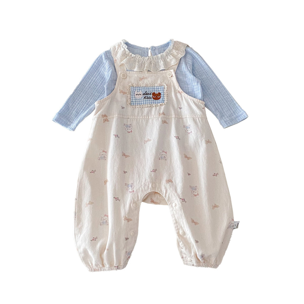 Cute Baby Girl Overalls Set with Applique, Ruffled Collar Bodysuit Two-Piece Outfit
