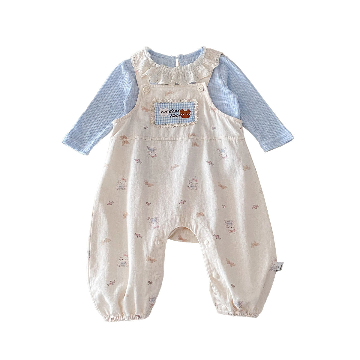 Cute Baby Girl Overalls Set with Applique, Ruffled Collar Bodysuit Two-Piece Outfit