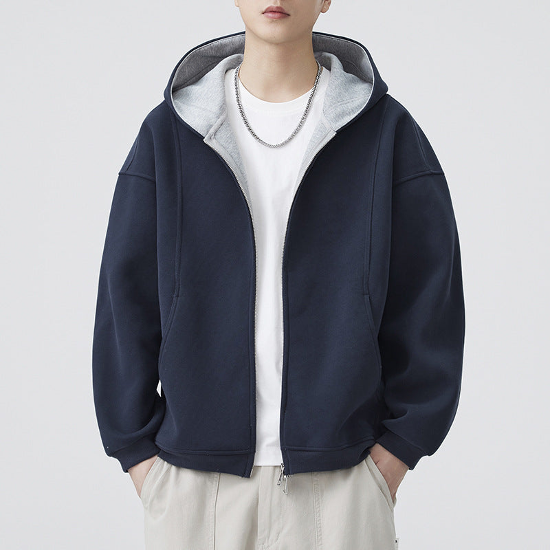 Men's Color Block Hooded Zipper Loose Casual Sports Sweatshirt Jacket