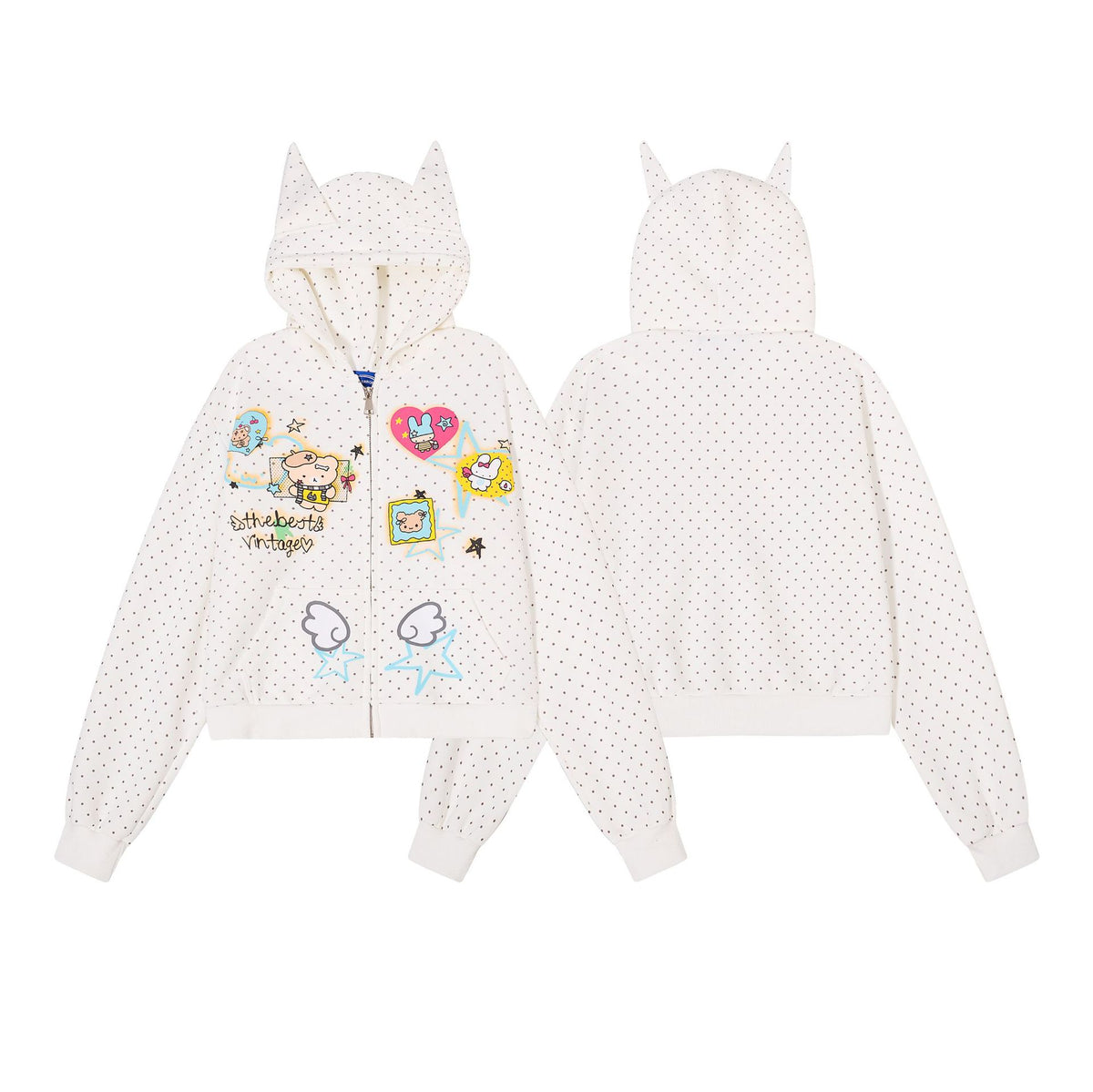 Women's Hooded Cardigan Sweatshirt with Cat Ear Details and Fun Cartoon Polka Dot Print