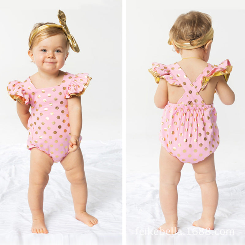 Cute Baby Girl Golden Polka Dot Ruffle Romper with Cross-Back Design Infant Bodysuit