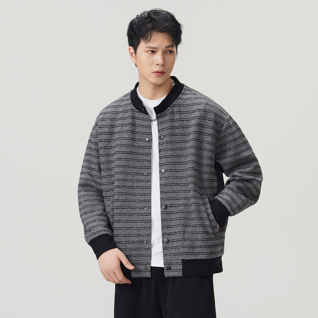 Casual Striped Baseball Collar Open Front Loose Sweatshirt Jacket