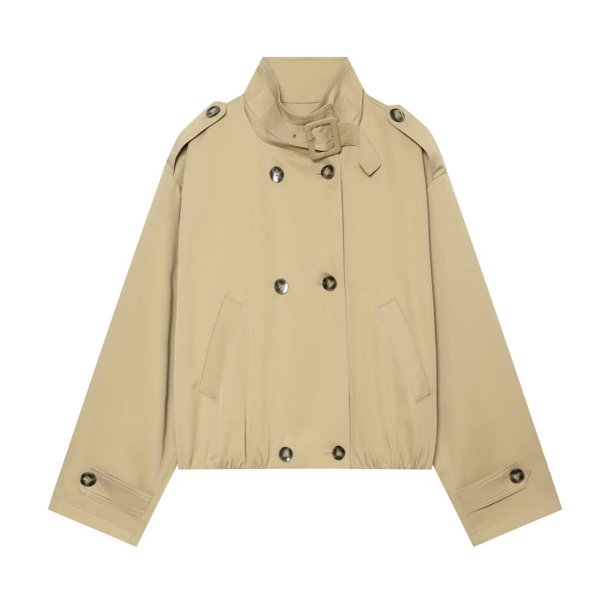 Loose double breasted shoulder strap stand up collar trench coat for women
