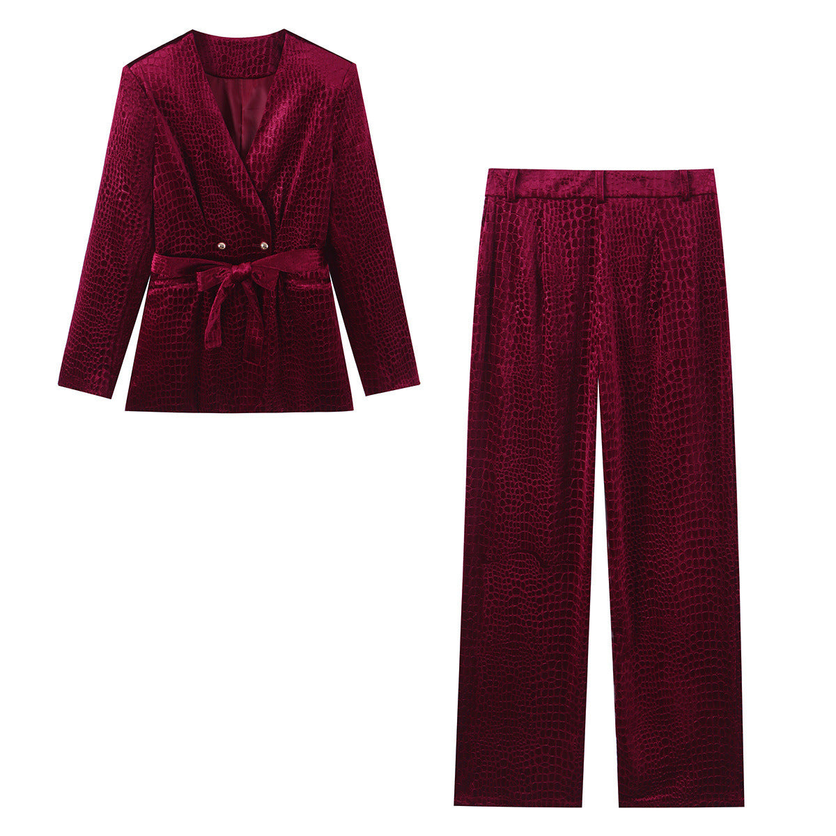 Velvet embossed V-neck suit+pants set for women