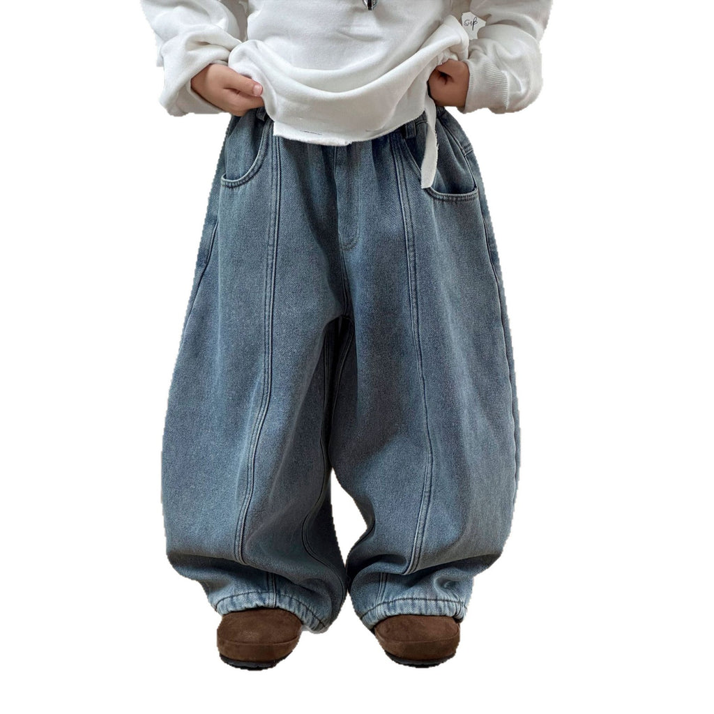Boys Fleece-Lined Jeans  Fall Winter Thickened Loose Fit