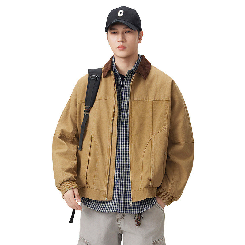 Men's Retro Vintage Workwear Color-Block Corduroy Collared Denim Jacket