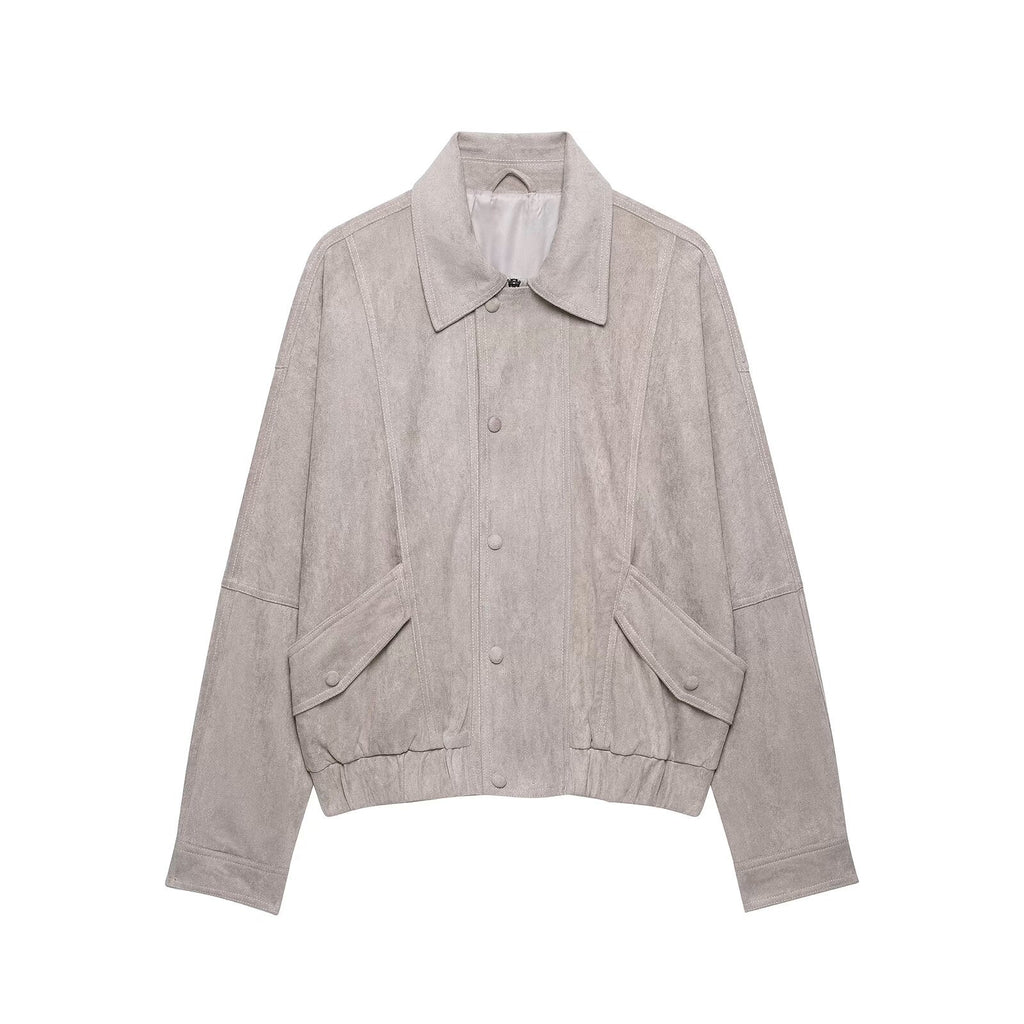 Pocket decoration buckle lapel long sleeved loose jacket women's clothing