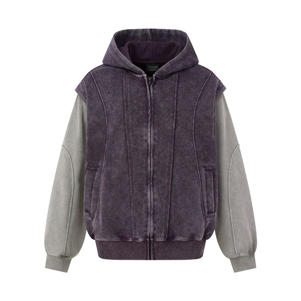 Washed Distressed Deconstructed Color Block Zip Front Hooded Loose Fit Fake Two-Piece Spliced Men's Jacket