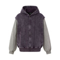 Washed Distressed Deconstructed Color Block Zip Front Hooded Loose Fit Fake Two-Piece Spliced Men's Jacket