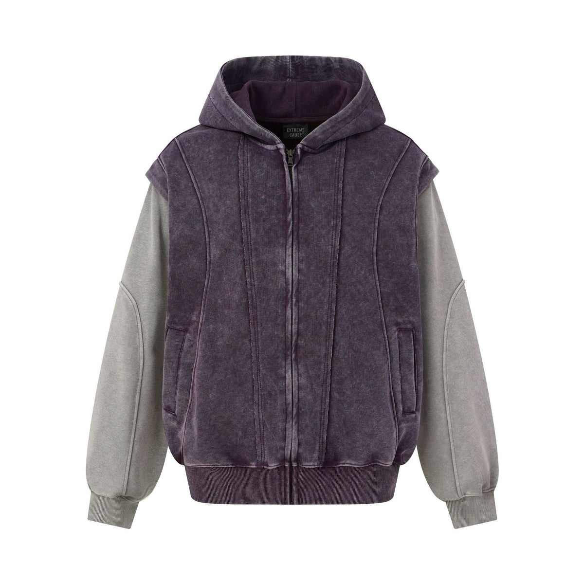 Washed Distressed Deconstructed Color Block Zip Front Hooded Loose Fit Fake Two-Piece Spliced Men's Jacket