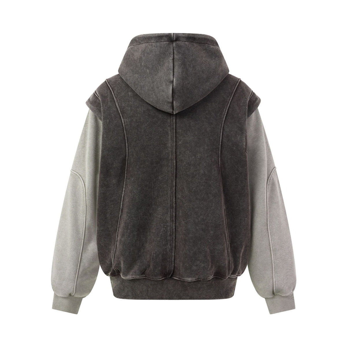 Washed Distressed Deconstructed Color Block Zip Front Hooded Loose Fit Fake Two-Piece Spliced Men's Jacket