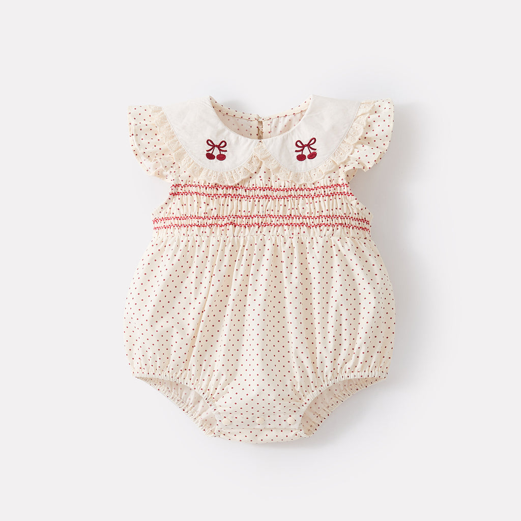 Cotton Polka Dot Sweet Flutter Sleeve Romper Girl Baby Peter Pan Collar Embroidered Cool Onesie