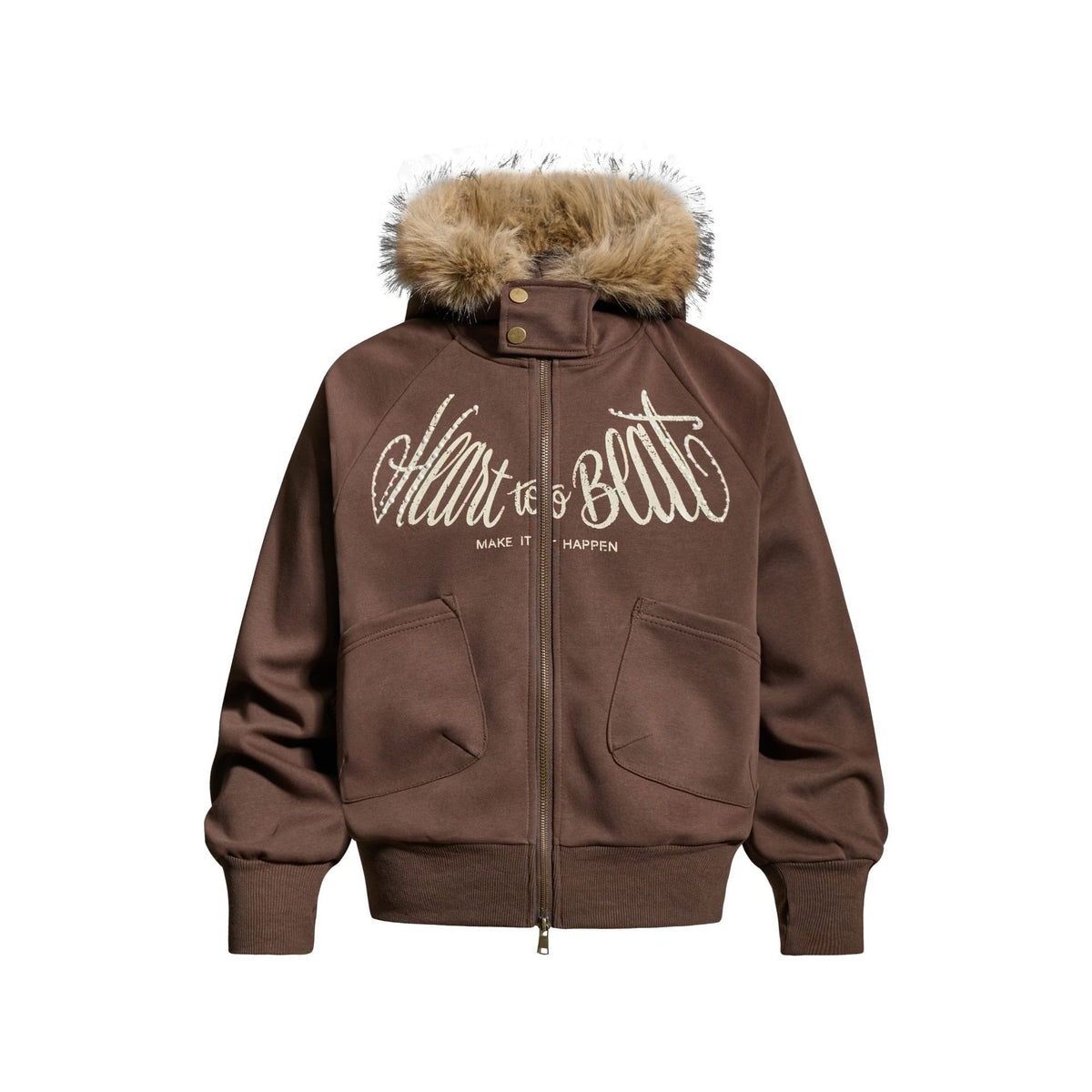 Oversized Parka Jacket with Thick Fur Trim Hood Unisex Handwritten Letter Print Open Front Coat
