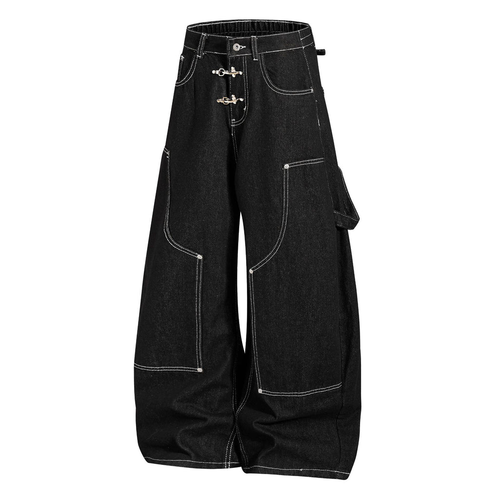 Deconstructed Cargo Denim Jeans Unisex Contrast Stitching Wide Leg Loose Pants with Buckle Belt