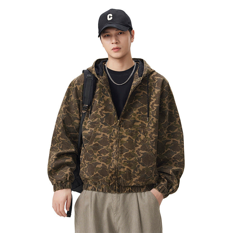 Men's Vintage Camo Hooded Jacket Loose Fit Cotton Workwear Coat with Kangaroo Pocket