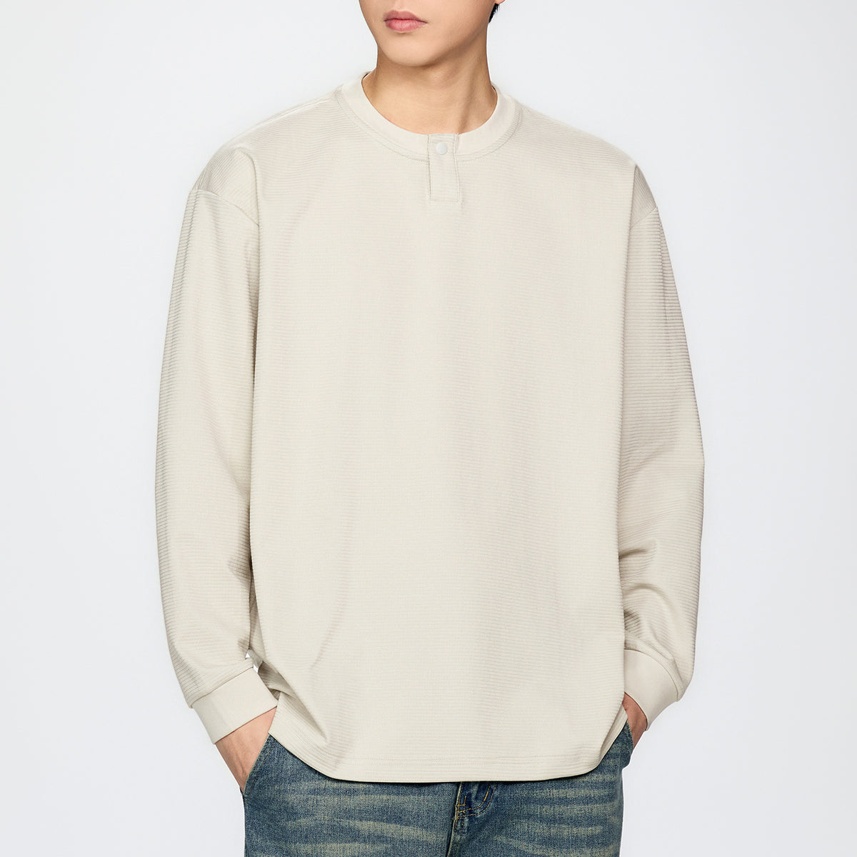 Retro Textured Long Sleeve Henley Neck Men's T-Shirt