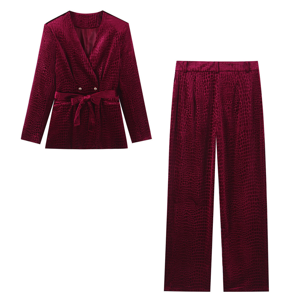 Velvet embossed V-neck suit+pants set for women
