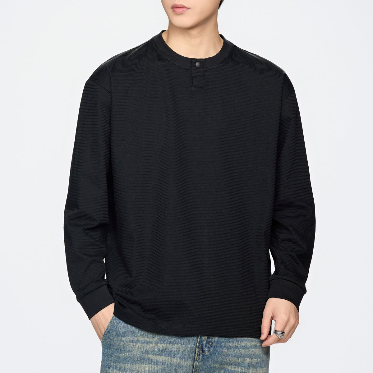 Retro Textured Long Sleeve Henley Neck Men's T-Shirt