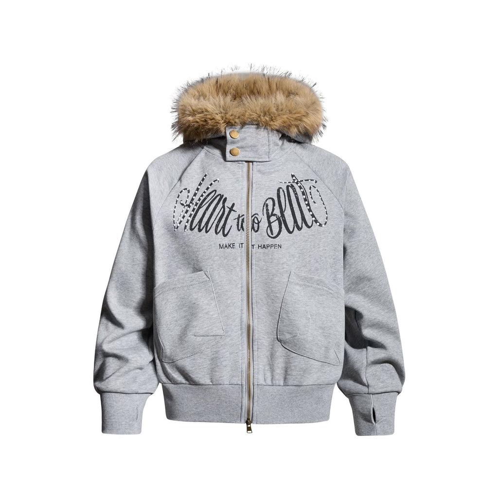 Oversized Parka Jacket with Thick Fur Trim Hood Unisex Handwritten Letter Print Open Front Coat