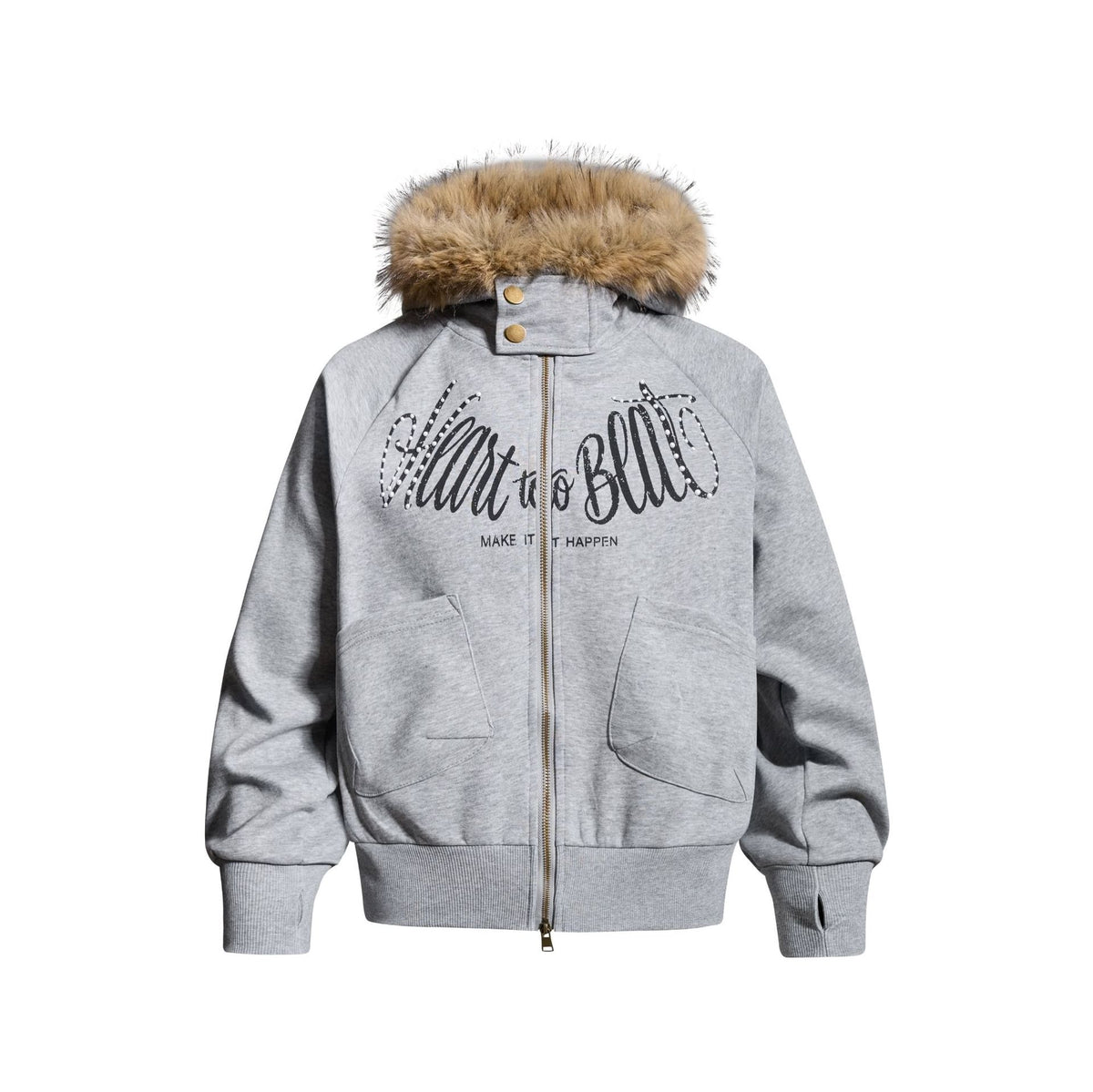 Oversized Parka Jacket with Thick Fur Trim Hood Unisex Handwritten Letter Print Open Front Coat