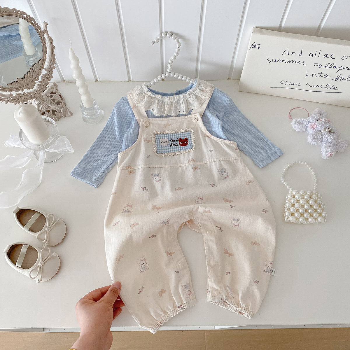 Cute Baby Girl Overalls Set with Applique, Ruffled Collar Bodysuit Two-Piece Outfit