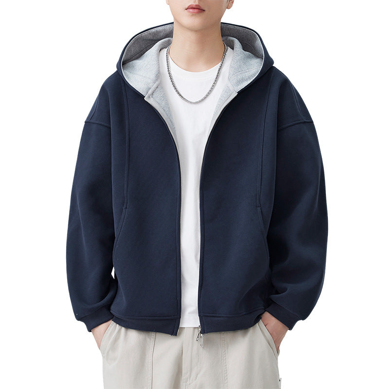 Men's Color Block Hooded Zipper Loose Casual Sports Sweatshirt Jacket