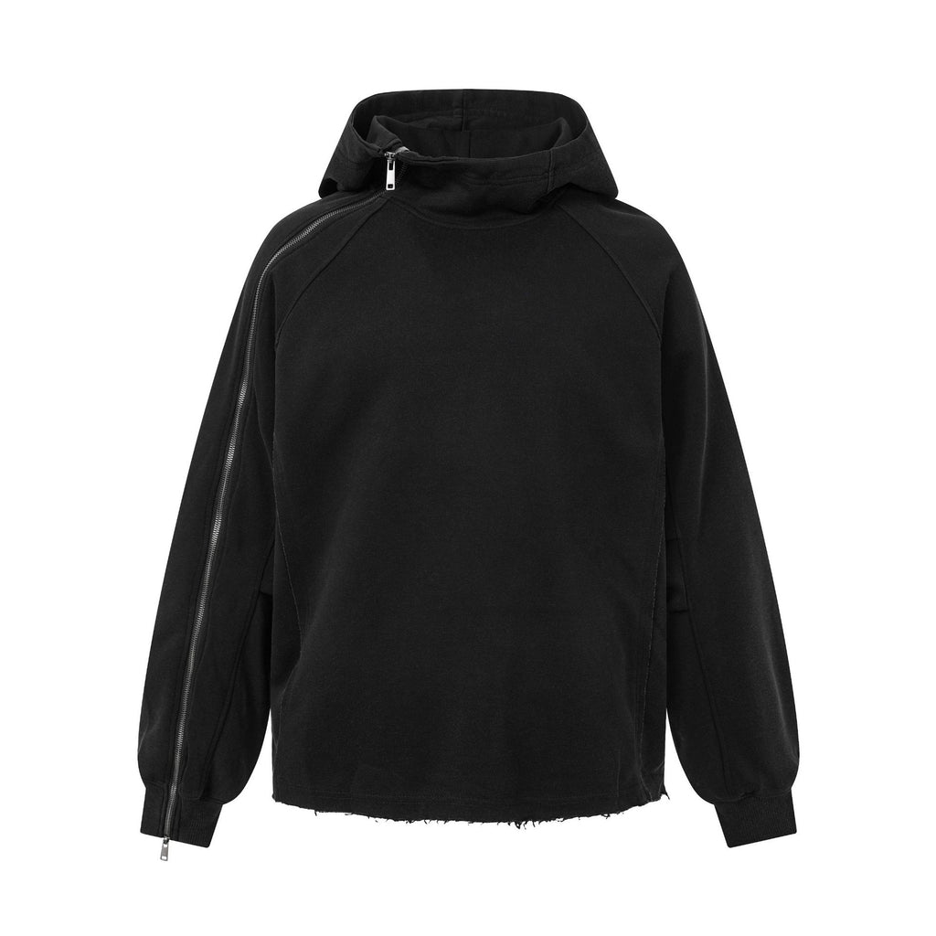 Washed Distressed Deconstructed Long Sleeve High Neck Single-Side Long Zipper Streetwear Sweatshirt