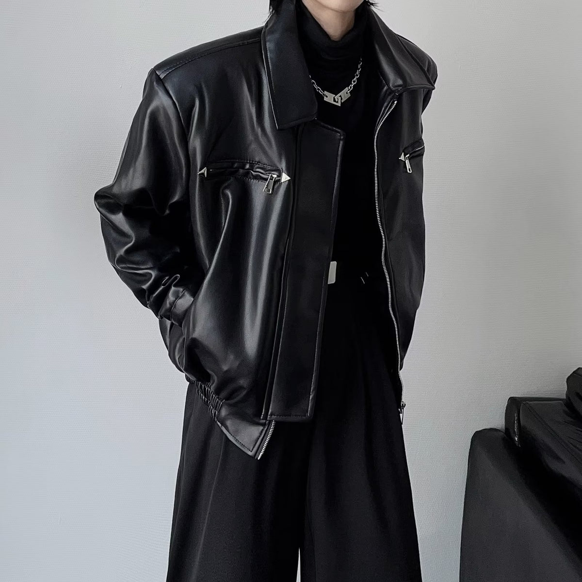 High end PU leather jacket, men's handsome motorcycle suit, loose leather jacket, trendy