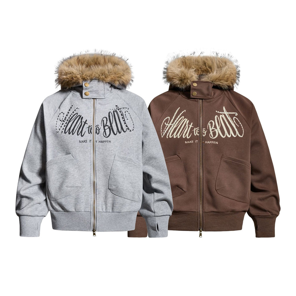 Oversized Parka Jacket with Thick Fur Trim Hood Unisex Handwritten Letter Print Open Front Coat