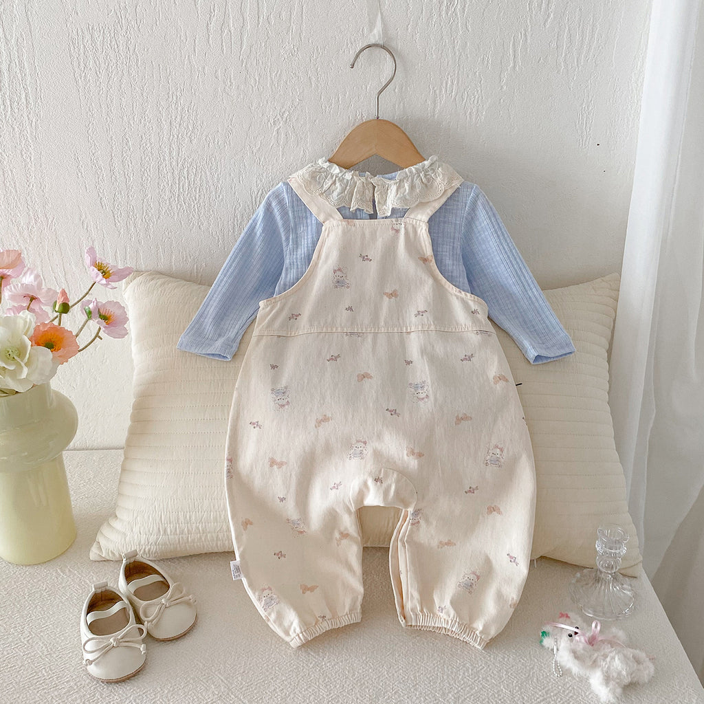 Cute Baby Girl Overalls Set with Applique, Ruffled Collar Bodysuit Two-Piece Outfit
