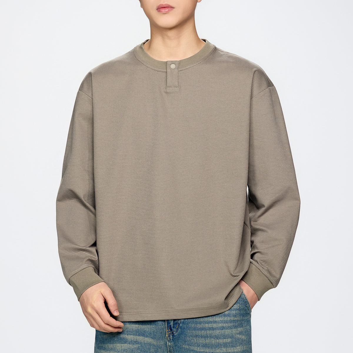 Retro Textured Long Sleeve Henley Neck Men's T-Shirt