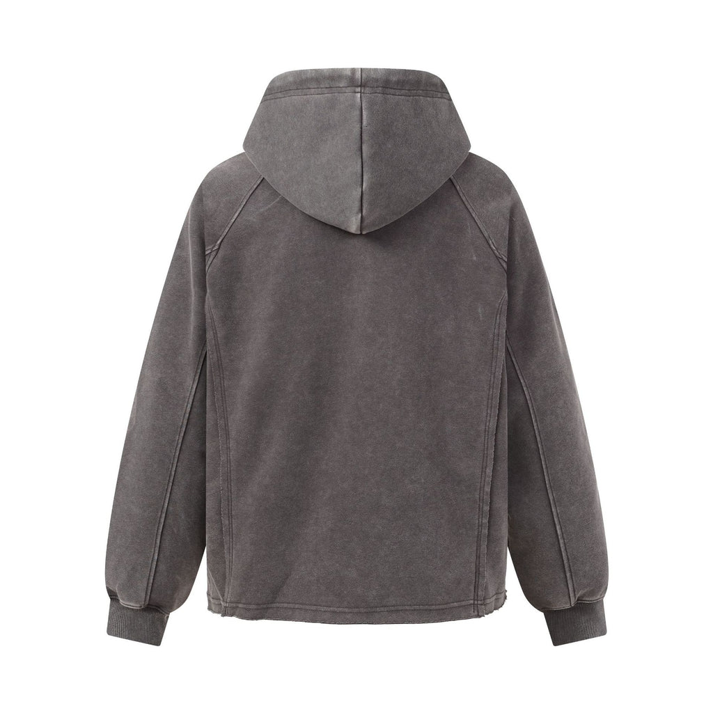 Washed Distressed Deconstructed Long Sleeve High Neck Single-Side Long Zipper Streetwear Sweatshirt