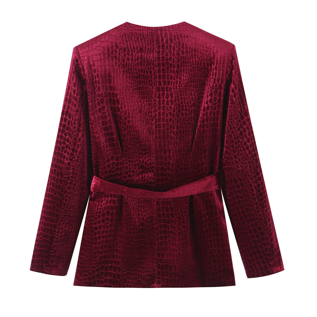 Velvet embossed V-neck suit+pants set for women