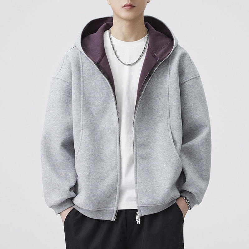 Men's Color Block Hooded Zipper Loose Casual Sports Sweatshirt Jacket