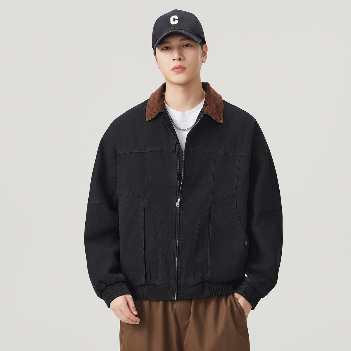 Men's Retro Vintage Workwear Color-Block Corduroy Collared Denim Jacket