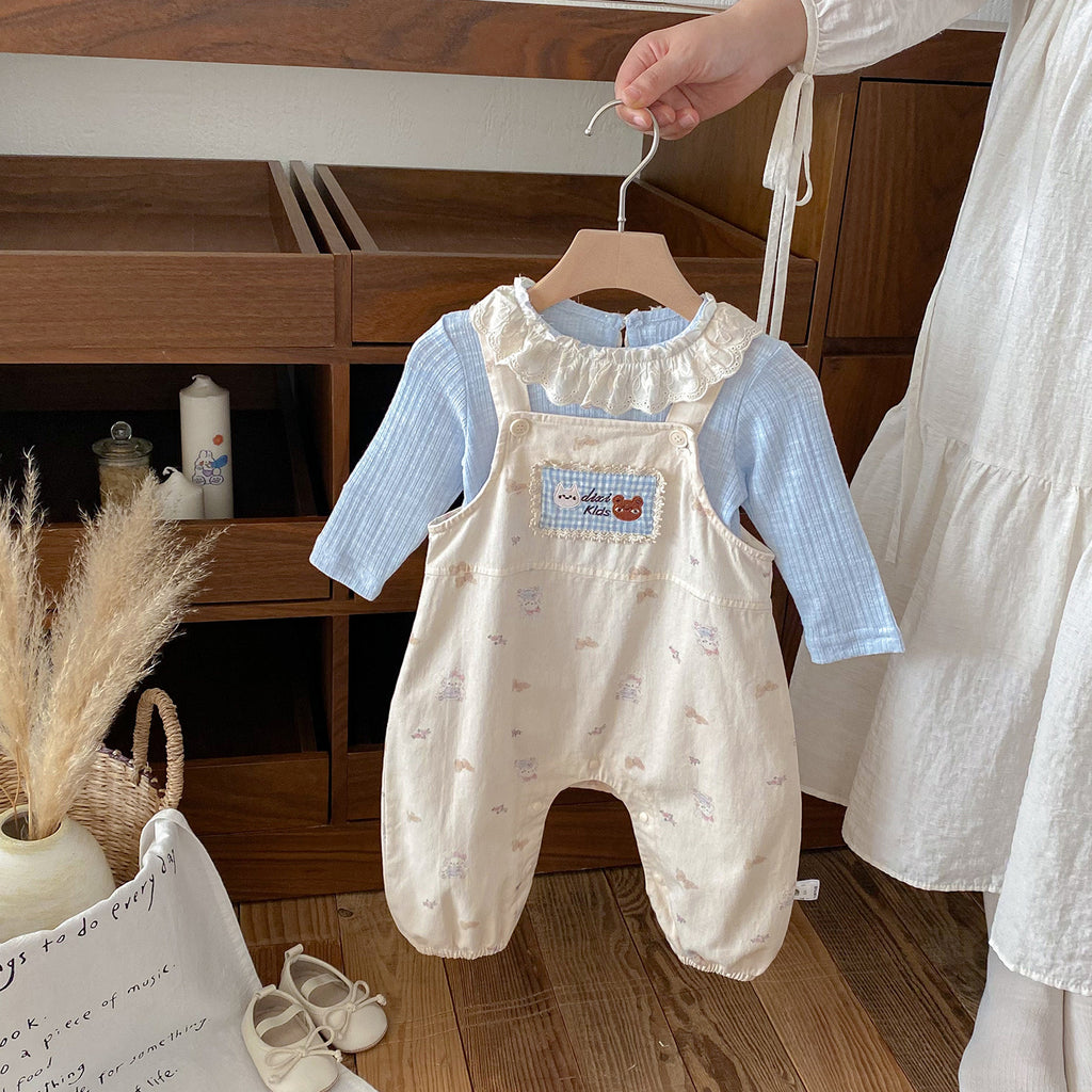 Cute Baby Girl Overalls Set with Applique, Ruffled Collar Bodysuit Two-Piece Outfit