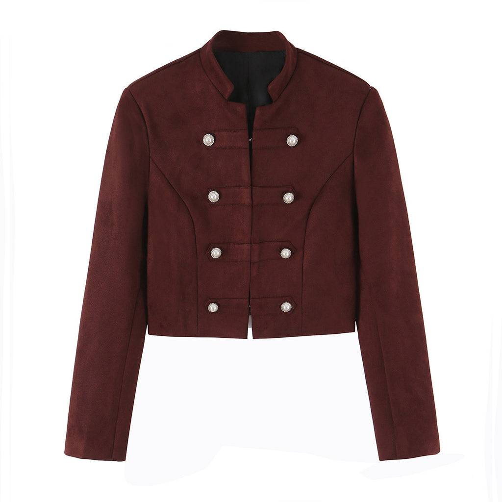 Knot button suede texture suit+half skirt set for women