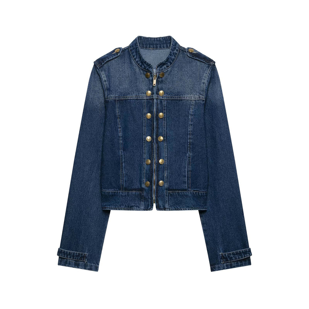 Double row button decoration stand collar denim jacket for women