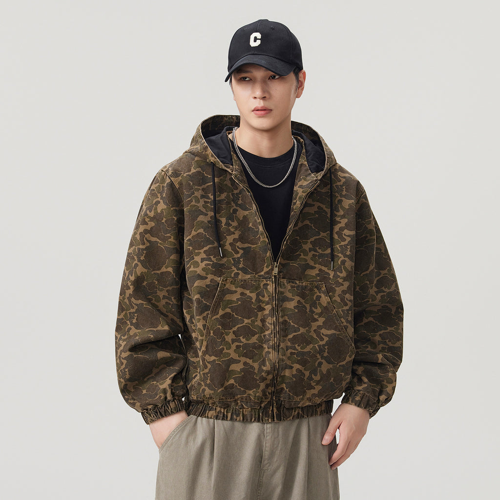 Men's Vintage Camo Hooded Jacket Loose Fit Cotton Workwear Coat with Kangaroo Pocket