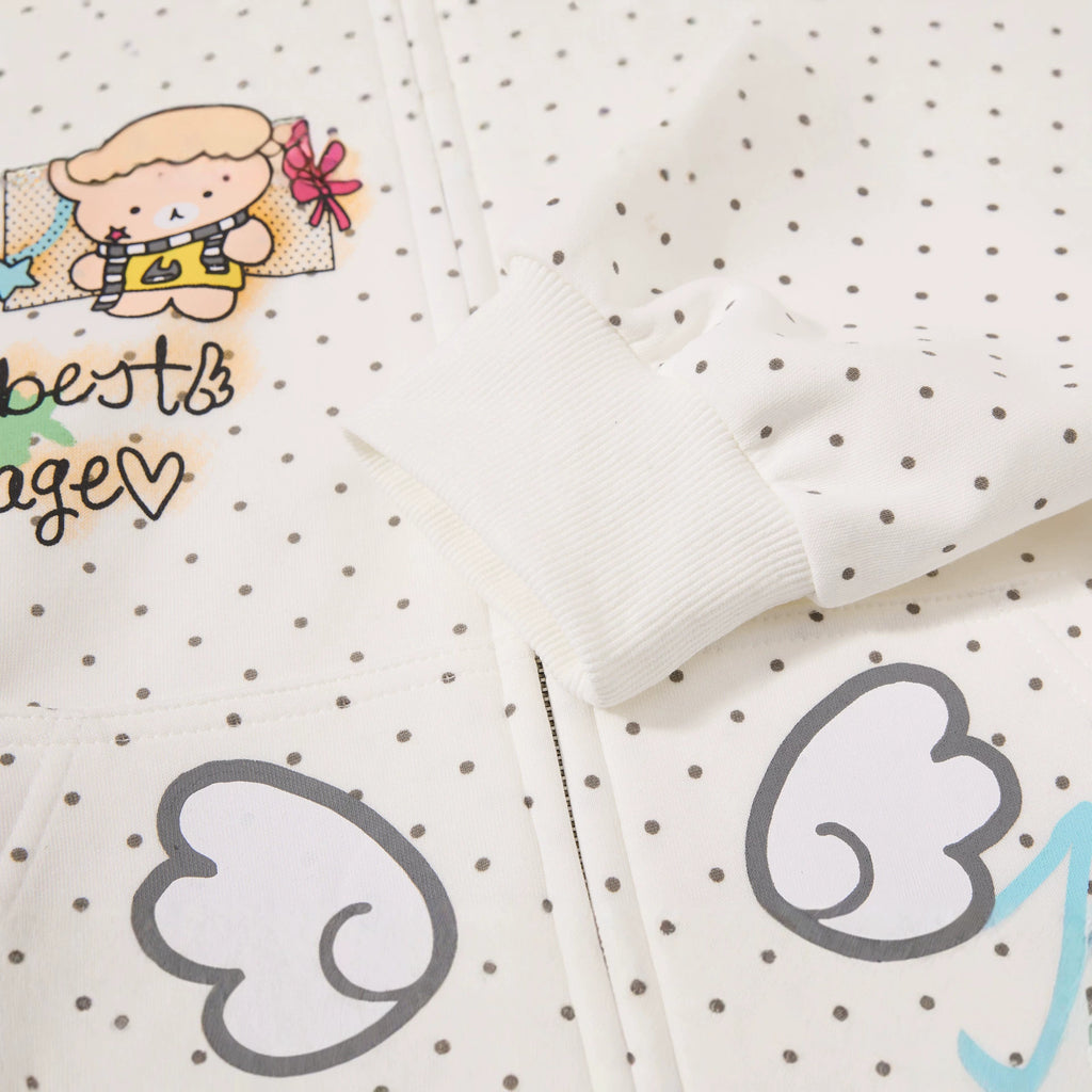 Women's Hooded Cardigan Sweatshirt with Cat Ear Details and Fun Cartoon Polka Dot Print